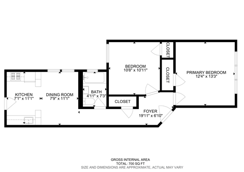 Floor plan for 2 beds, 1 bath, 700 sqft